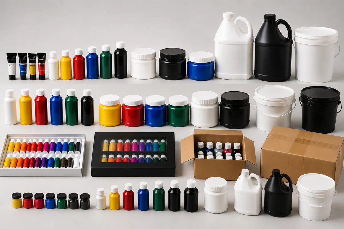 Acrylic paint packaging sizes and format planning module