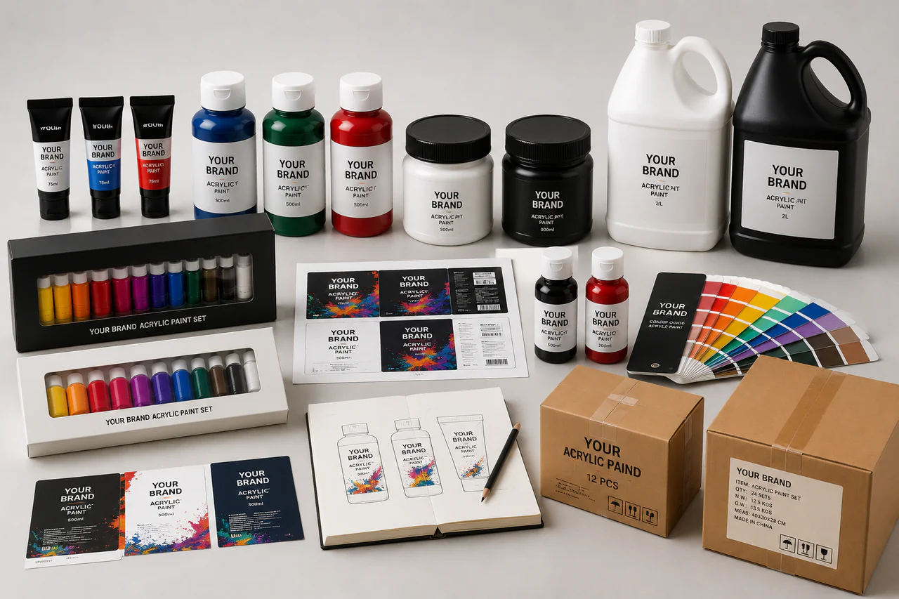 Private label and OEM acrylic paint services including custom label, packaging and formula options