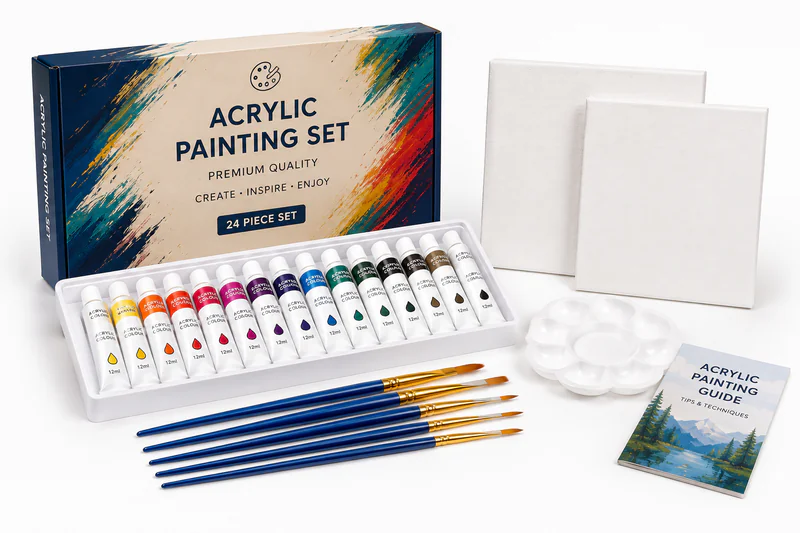 Acrylic painting set with paints and brushes for retail programs