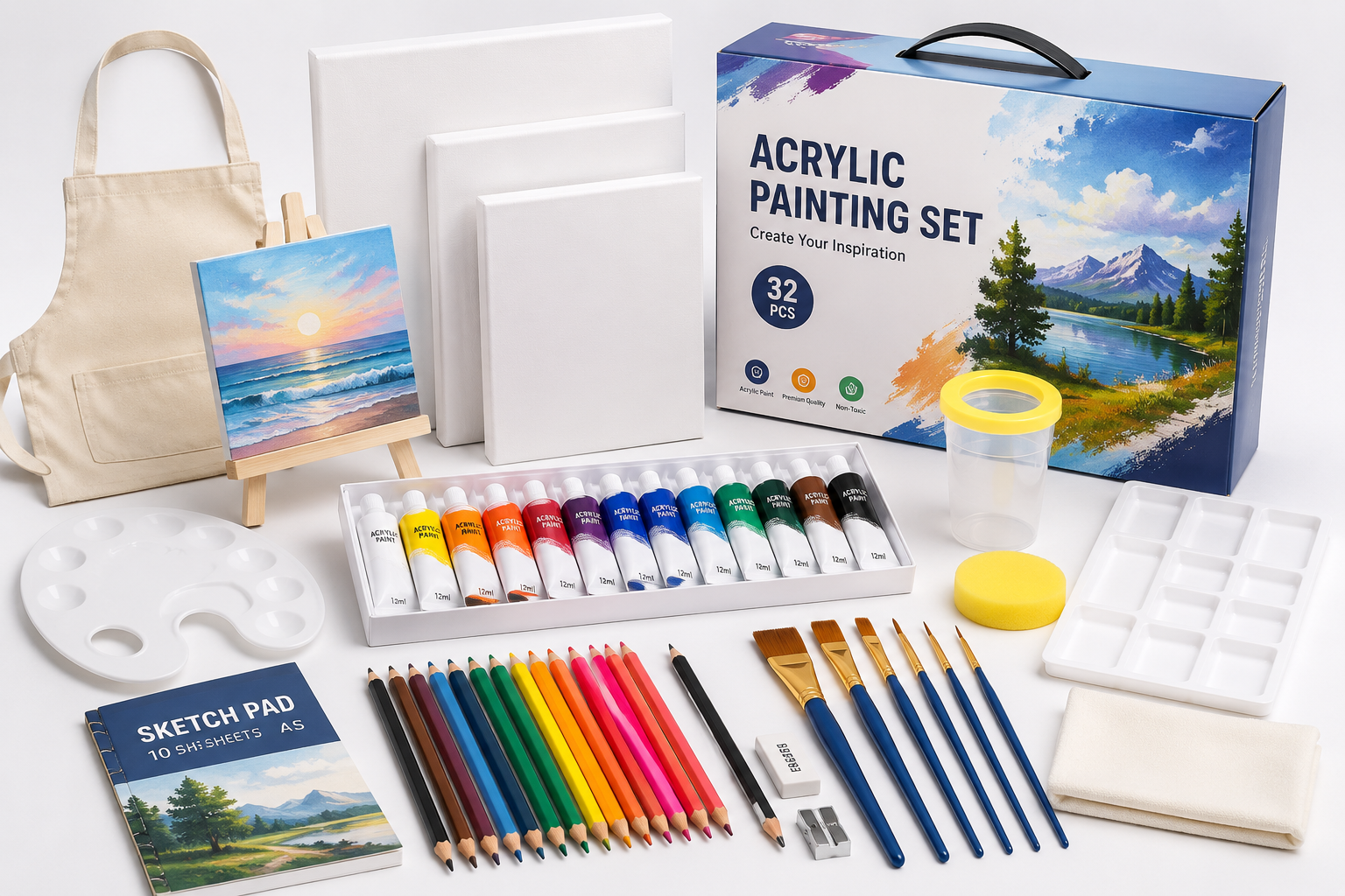 Custom painting set with paints, brushes, canvas and packaging