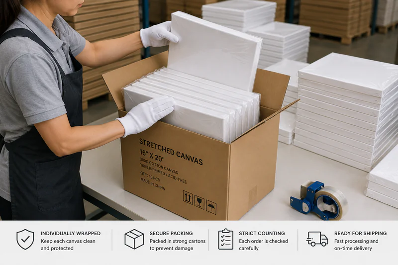 Packaging method for stretched canvas retail and bulk supply